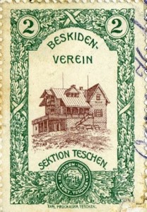 Znaczek nalepiany na pocztówki z wizerunkami schronisk Beskidenverein.